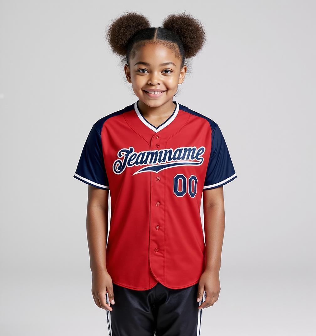 Custom Red & White/Navy Raglan Sleeves Baseball Jersey