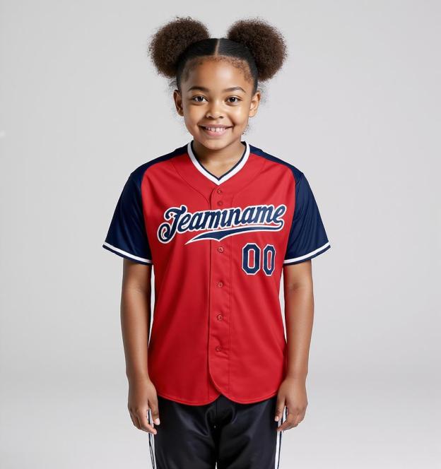 Custom Red & White/Navy Raglan Sleeves Baseball Jersey
