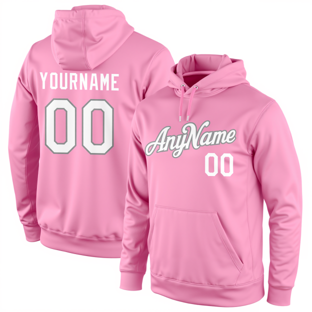 Custom Pink & White/Grey Pullover Sports Sweatshirt Hoodie
