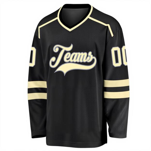 Custom Black & Cream/Grey Hockey Jersey