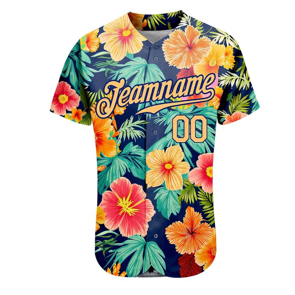 Custom Teal & White/Navy Hawaii Palm Leaves And Flowers 3D Pattern Baseball Jersey