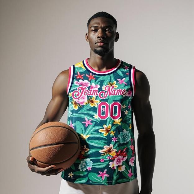 Custom 3D Pattern Aqua & Pink/White Hawaii Flowers Basketball City Edition Jersey