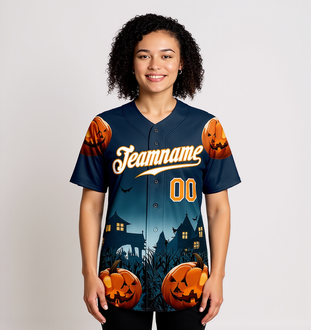Custom Navy & White/Orange 3D Pattern Halloween Pumpkins Bats Baseball Jersey