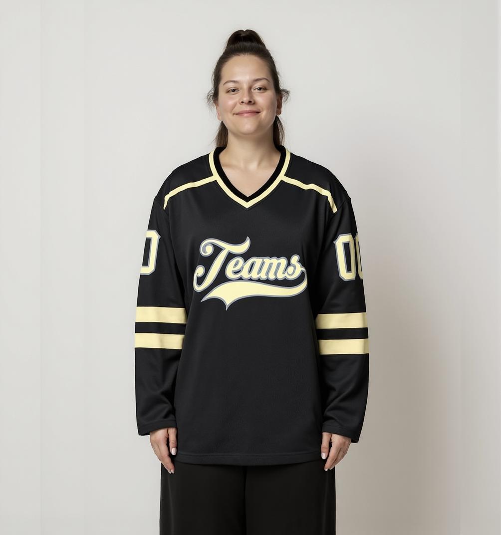 Custom Black & Cream/Grey Hockey Jersey