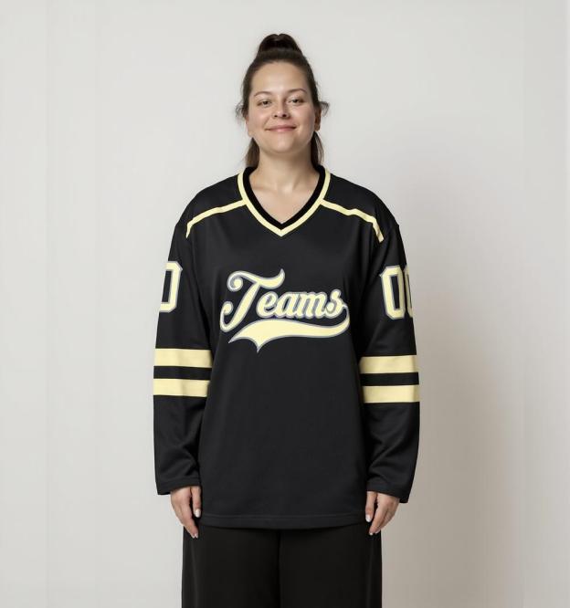 Custom Black & Cream/Grey Hockey Jersey