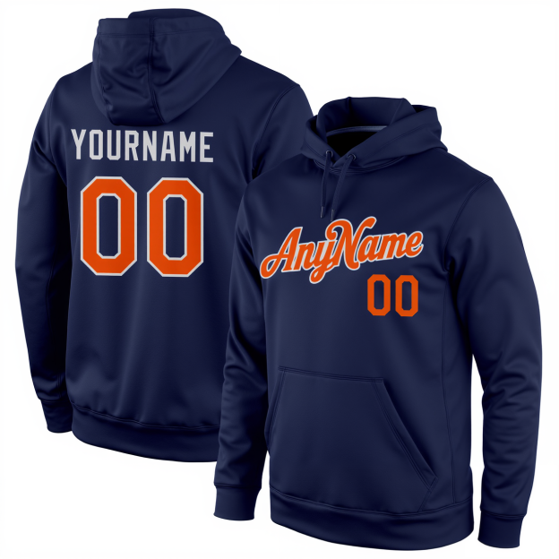 Custom Navy Blue & Orange/White Pullover Sports Sweatshirt Hoodie