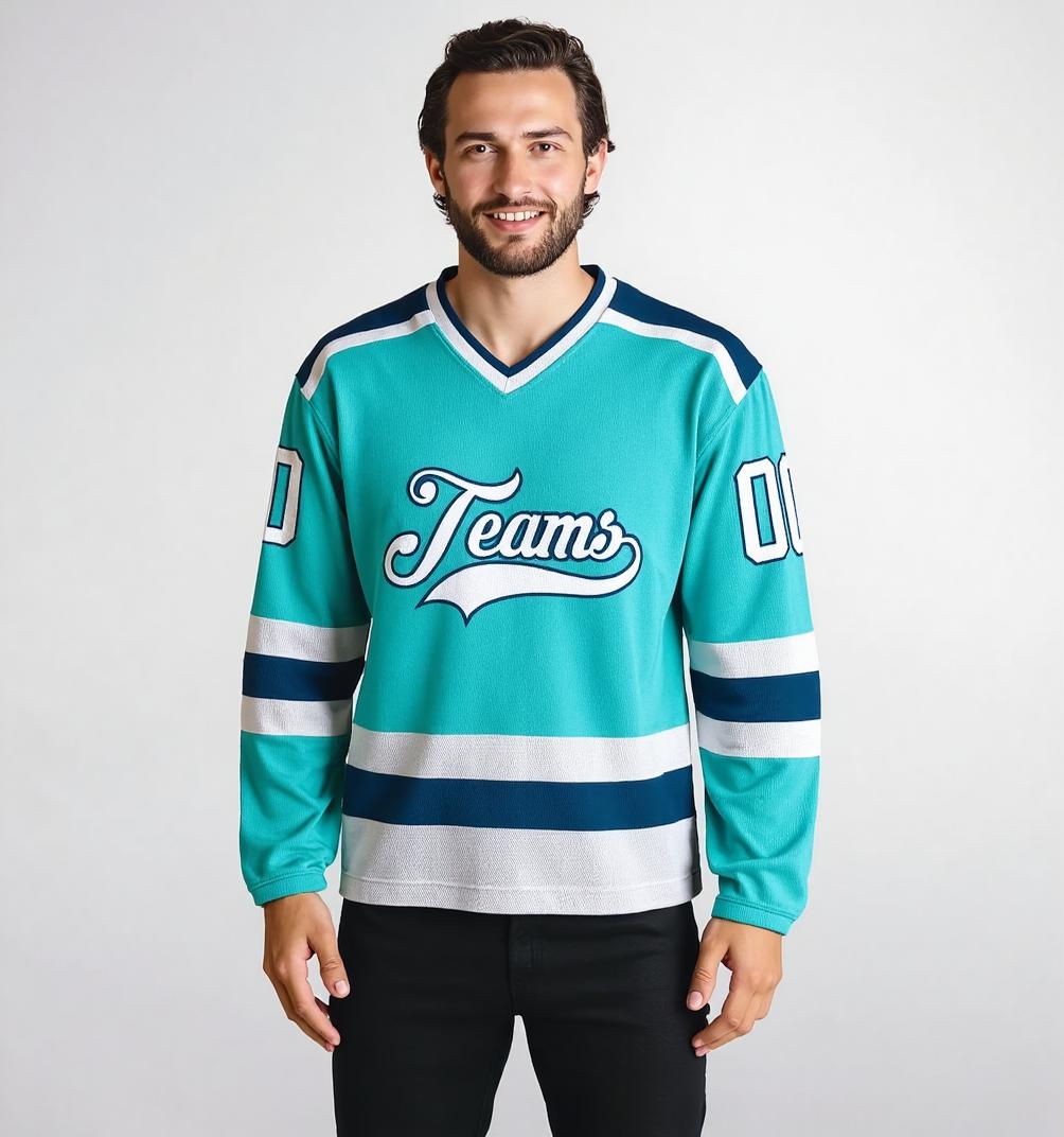 Custom Aqua & White/Navy Hockey Jersey