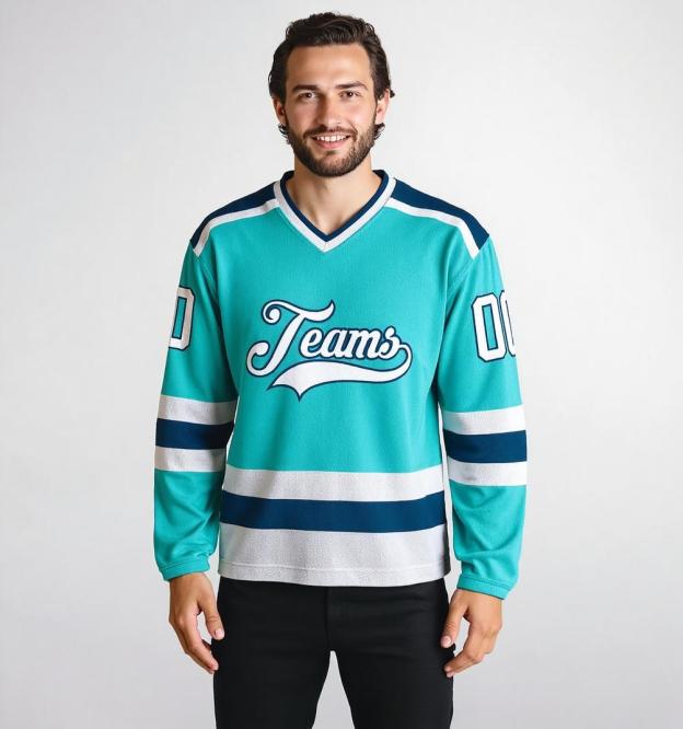 Custom Aqua & White/Navy Hockey Jersey
