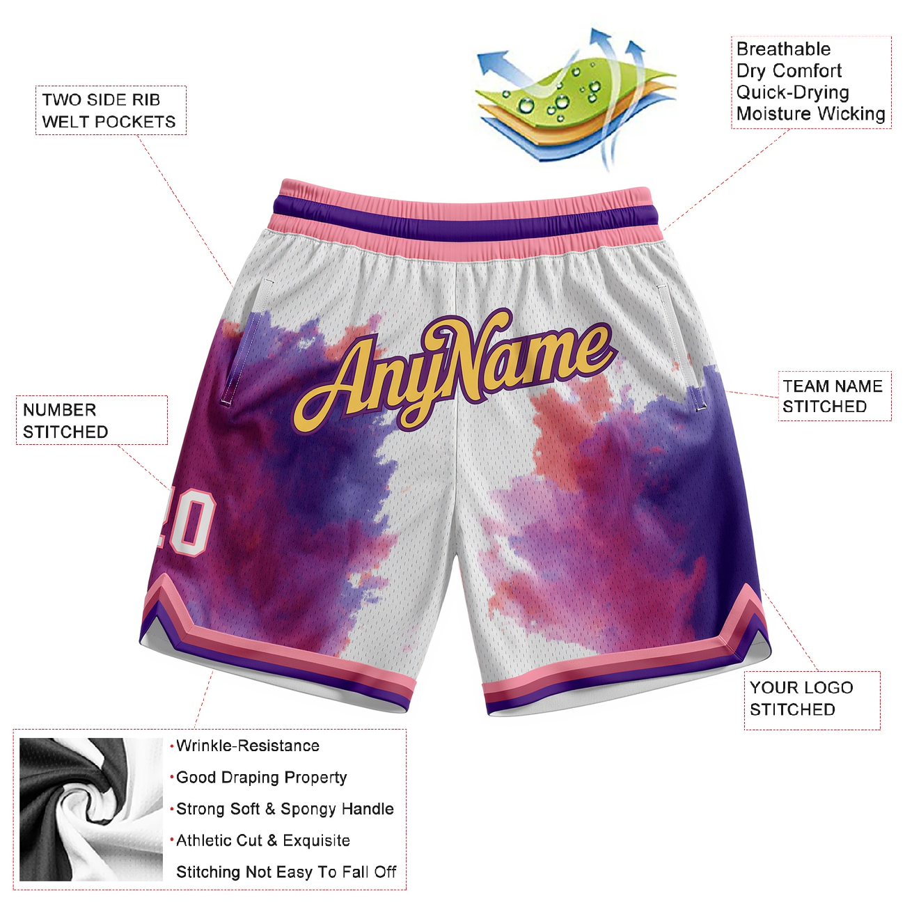 Custom Ink Splash White & Pink/Purple Throwback Shorts