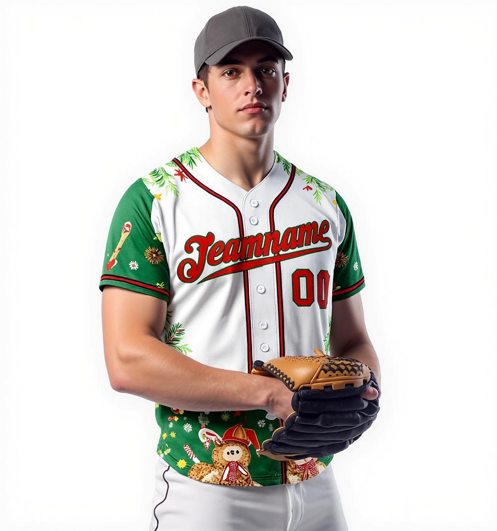 Custom White & Red/Green Christmas 3D Pattern Baseball Jersey