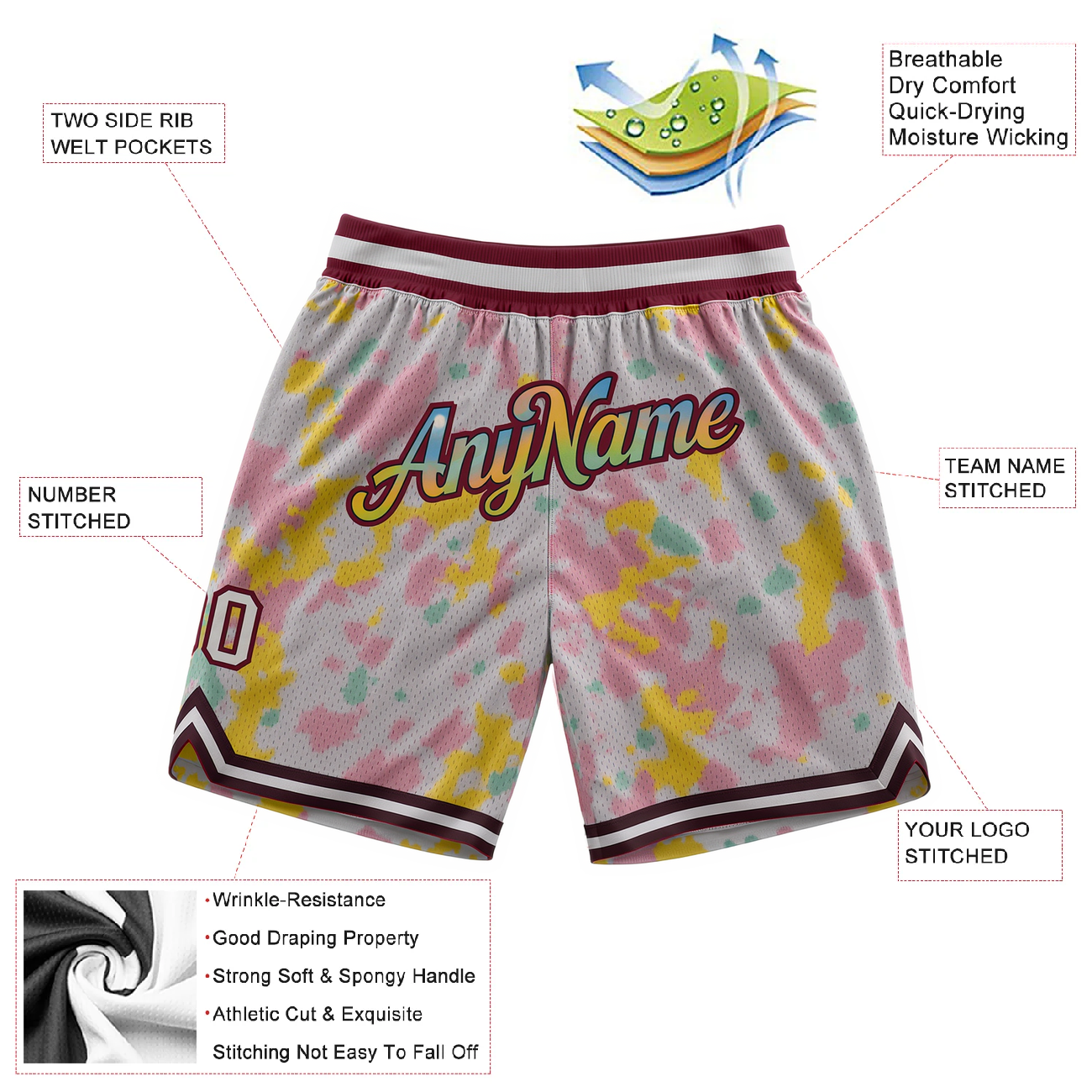 Custom Ink Splash White & Pink/Yellow Throwback Shorts