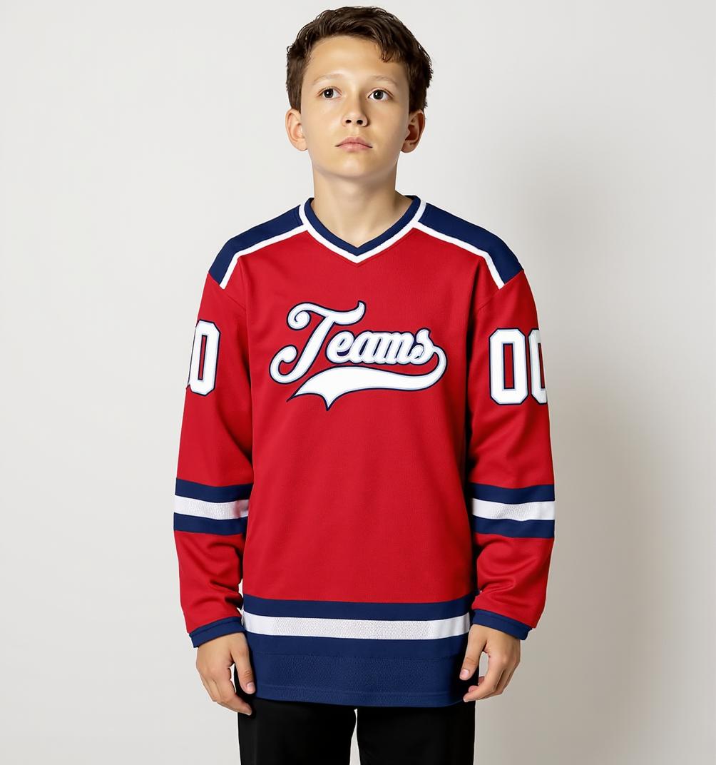 Custom Red & White/Navy Hockey Jersey