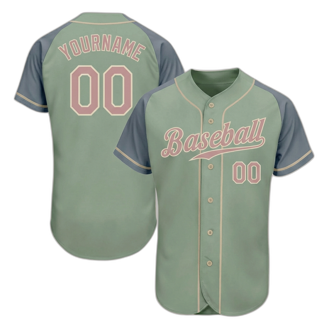 Custom Green & Grey/Pink Raglan Sleeves Baseball Jersey