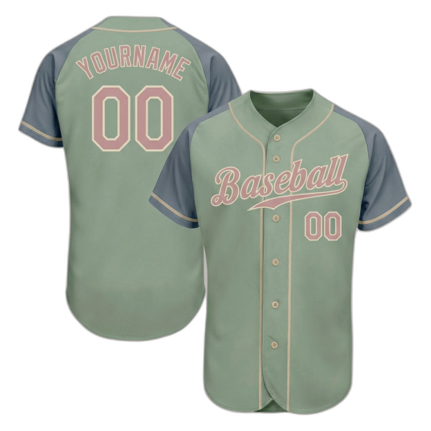 Custom Green & Grey/Pink Raglan Sleeves Baseball Jersey
