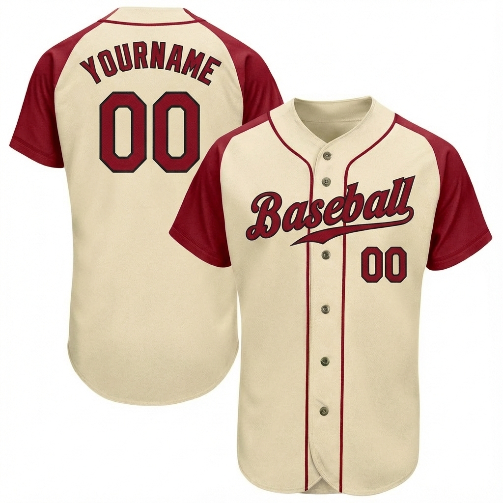 Custom Cream & Burgundy/Black Raglan Sleeves Baseball Jersey