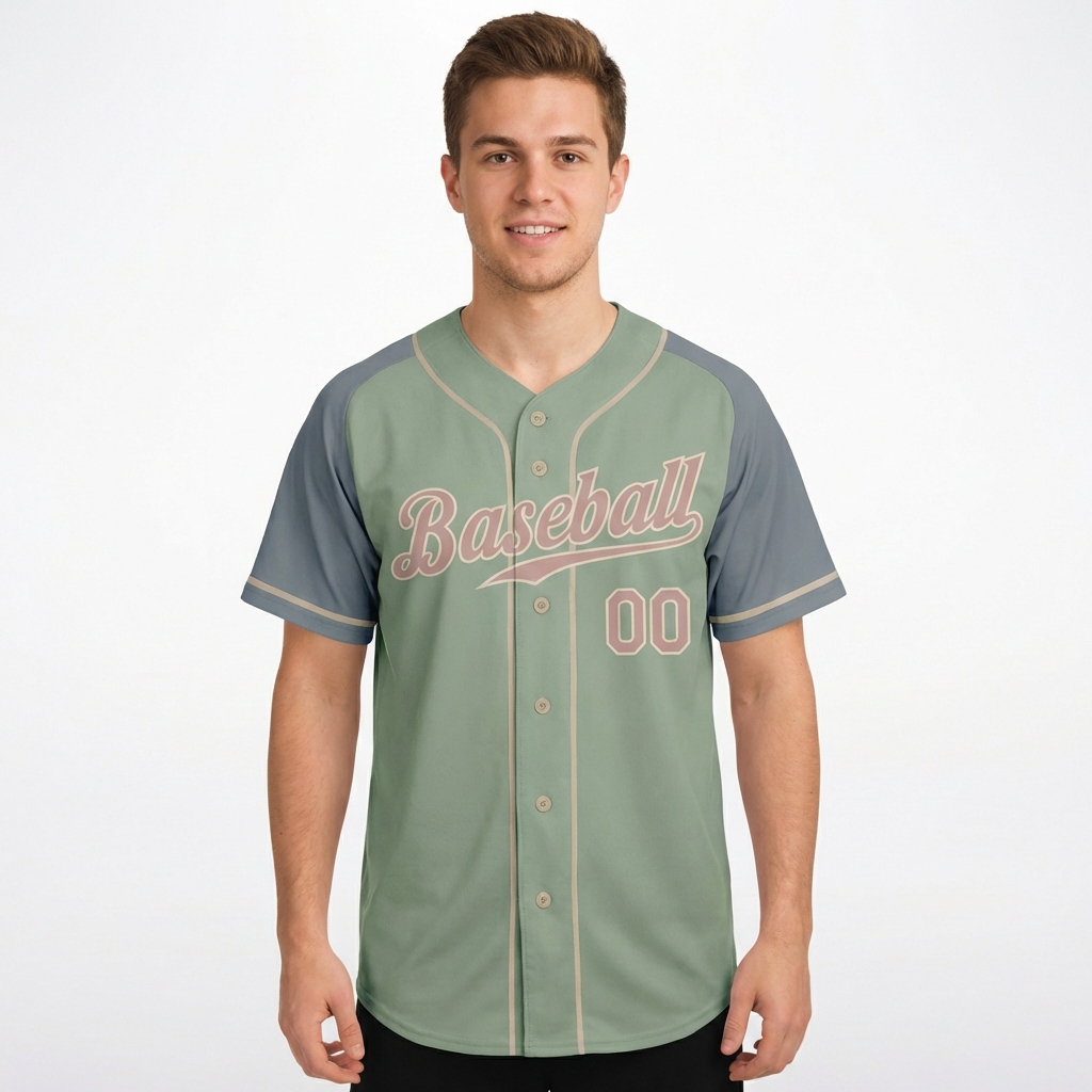 Custom Green & Grey/Pink Raglan Sleeves Baseball Jersey