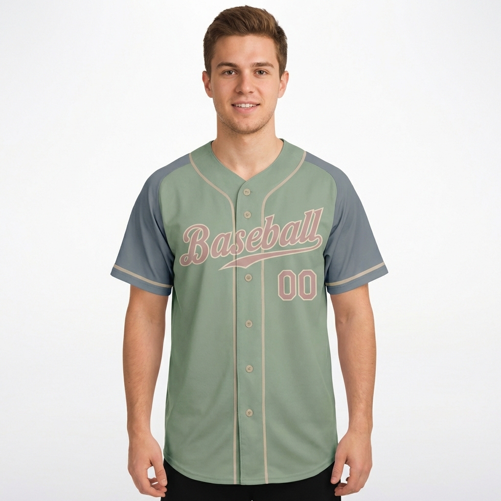 Custom Green & Grey/Pink Raglan Sleeves Baseball Jersey