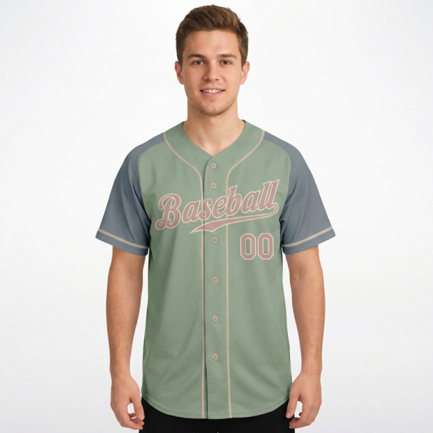 Custom Green & Grey/Pink Raglan Sleeves Baseball Jersey