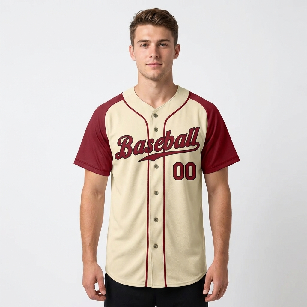 Custom Cream & Burgundy/Black Raglan Sleeves Baseball Jersey