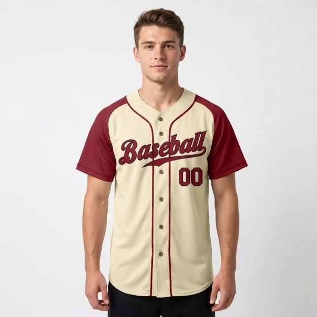 Custom Cream & Burgundy/Black Raglan Sleeves Baseball Jersey