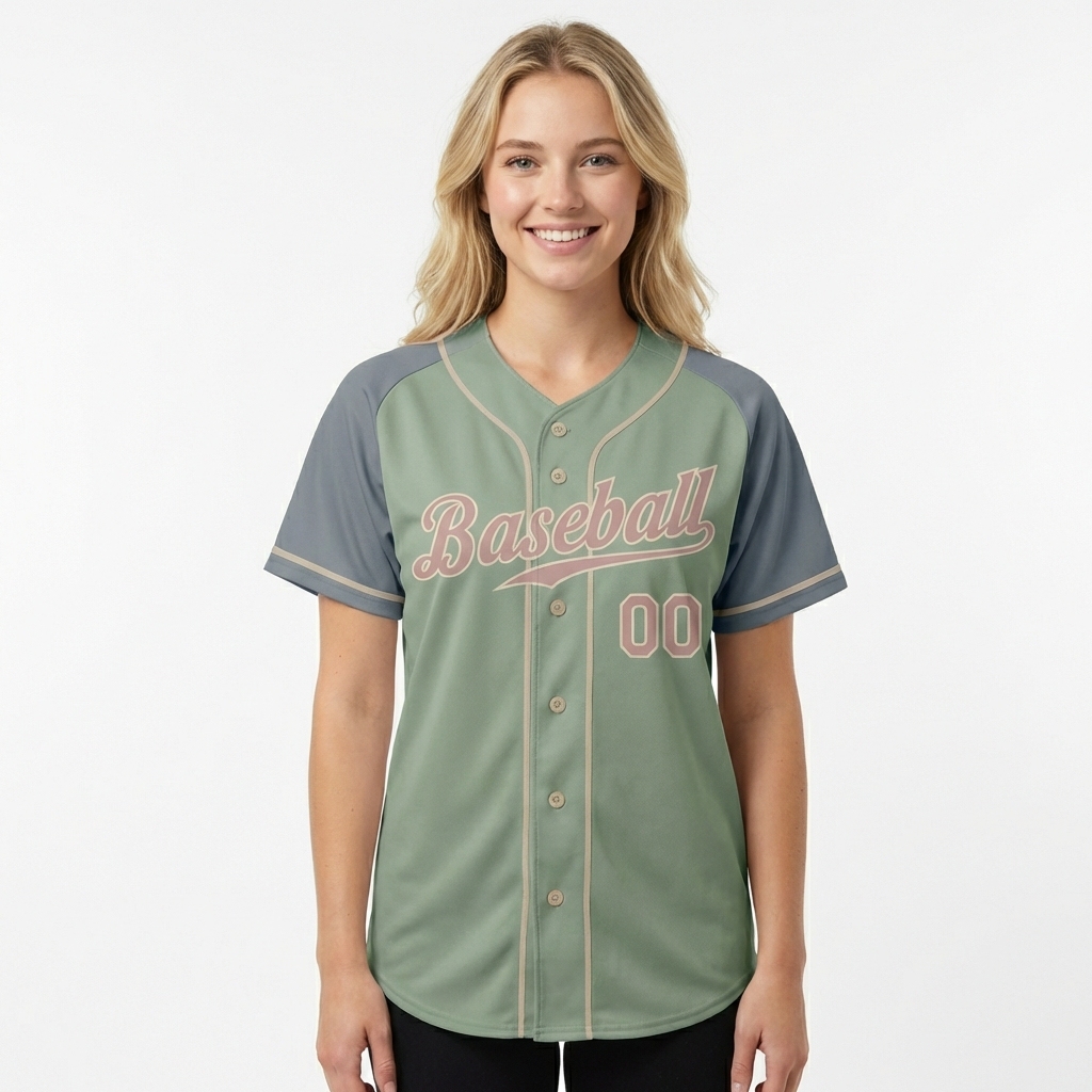 Custom Green & Grey/Pink Raglan Sleeves Baseball Jersey