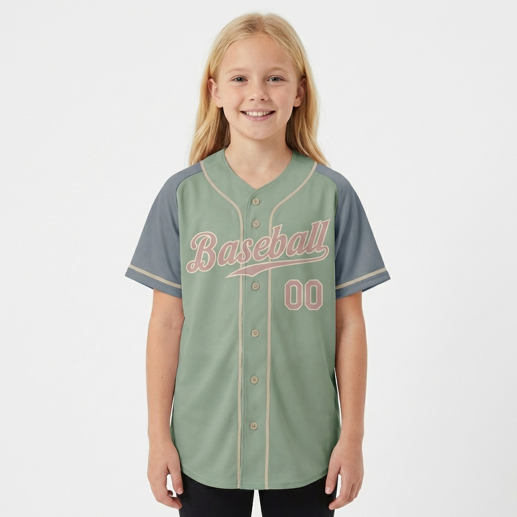 Custom Green & Grey/Pink Raglan Sleeves Baseball Jersey