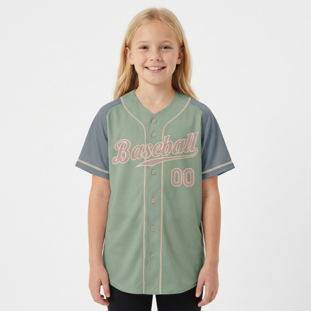 Custom Green & Grey/Pink Raglan Sleeves Baseball Jersey