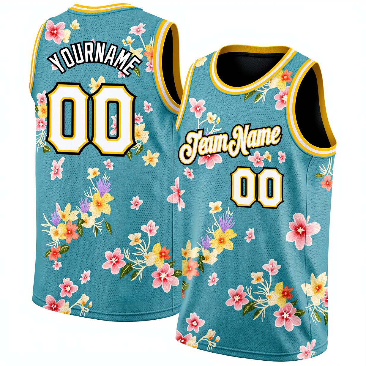 Custom 3D Pattern Aqua & White/Black Hawaii Flowers Basketball City Edition Jersey