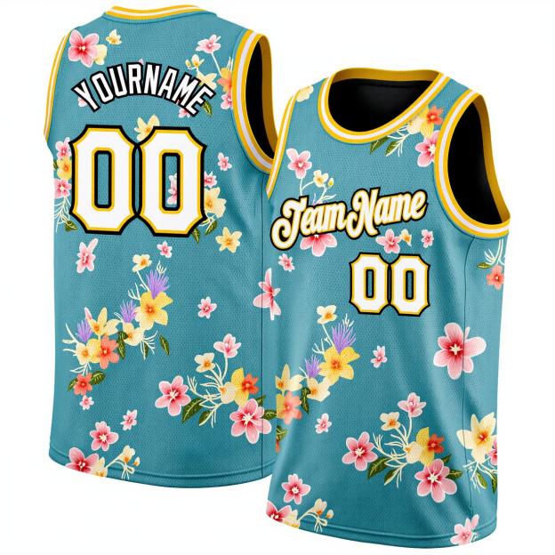 Custom 3D Pattern Aqua & White/Black Hawaii Flowers Basketball City Edition Jersey