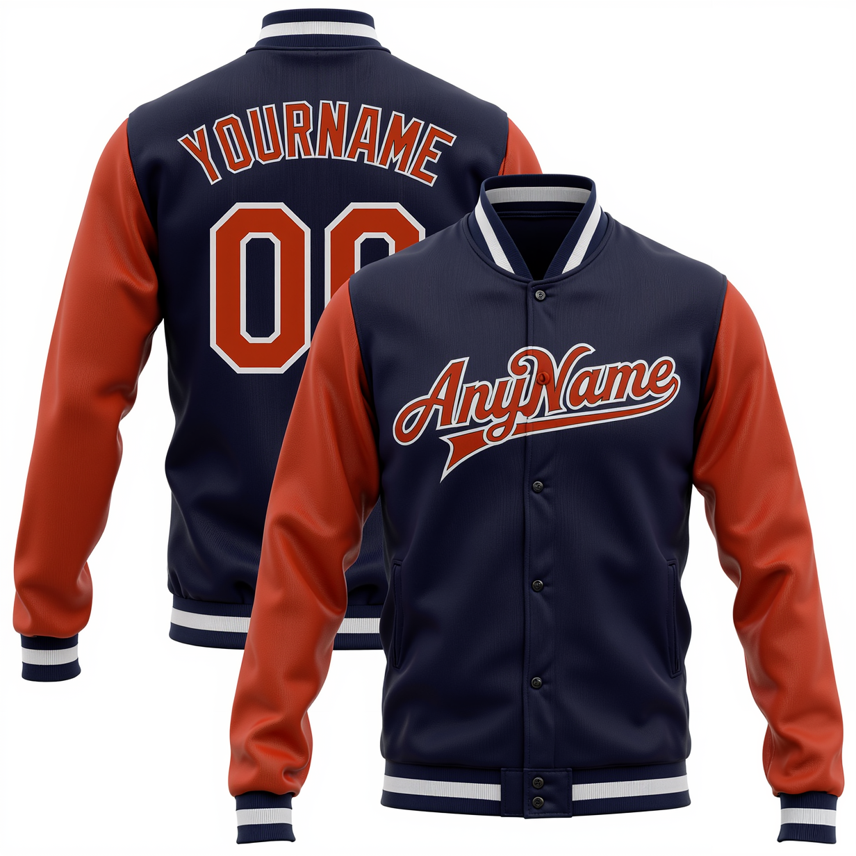 Custom Navy & Orange/White Full-Snap Raglan Sleeves Fleece Jacket