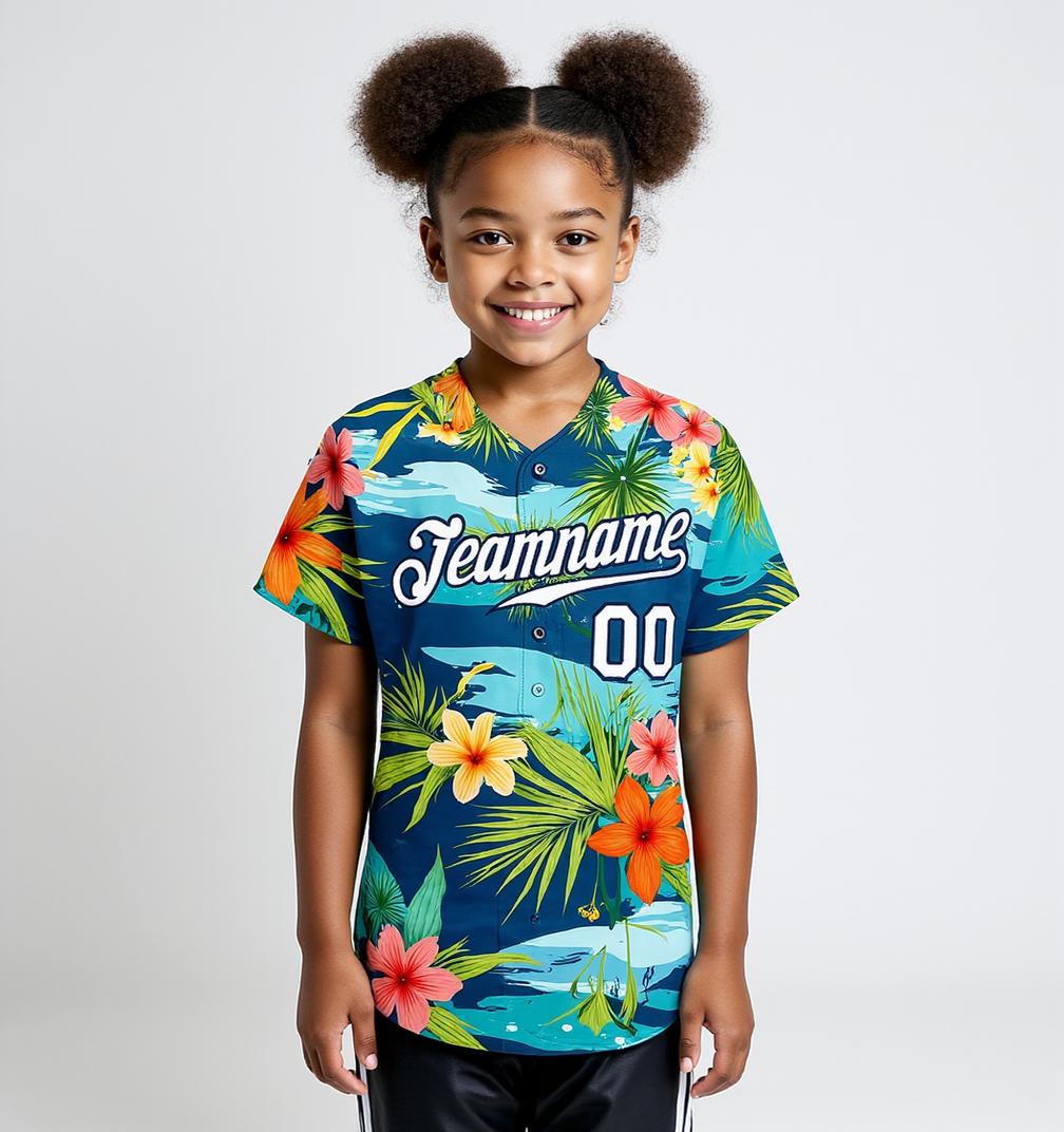 Custom Teal & White Hawaii Palm Leaves And Flowers 3D Pattern Baseball Jersey