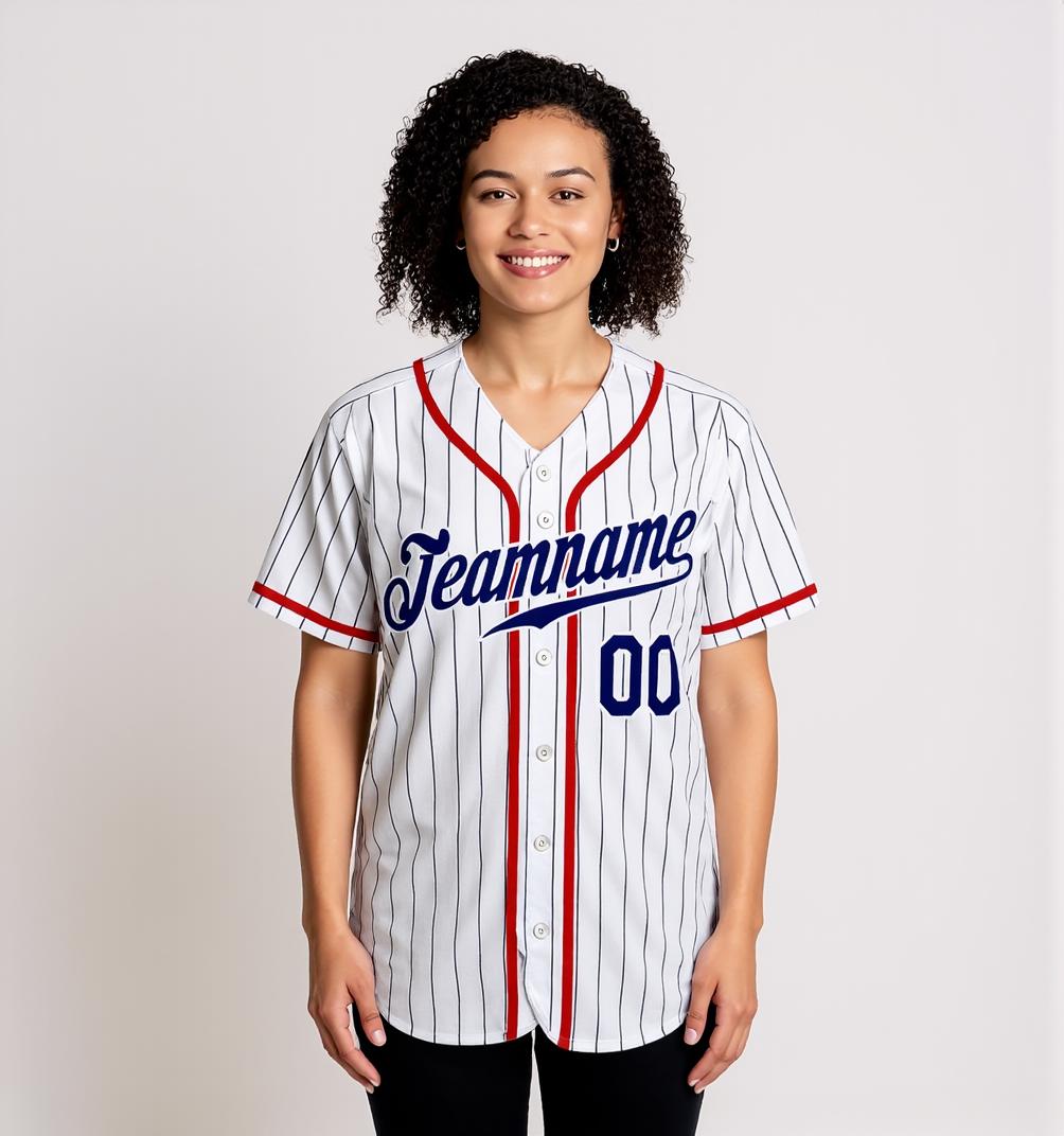Custom Black Pinstripes Navy&Red Baseball Jersey