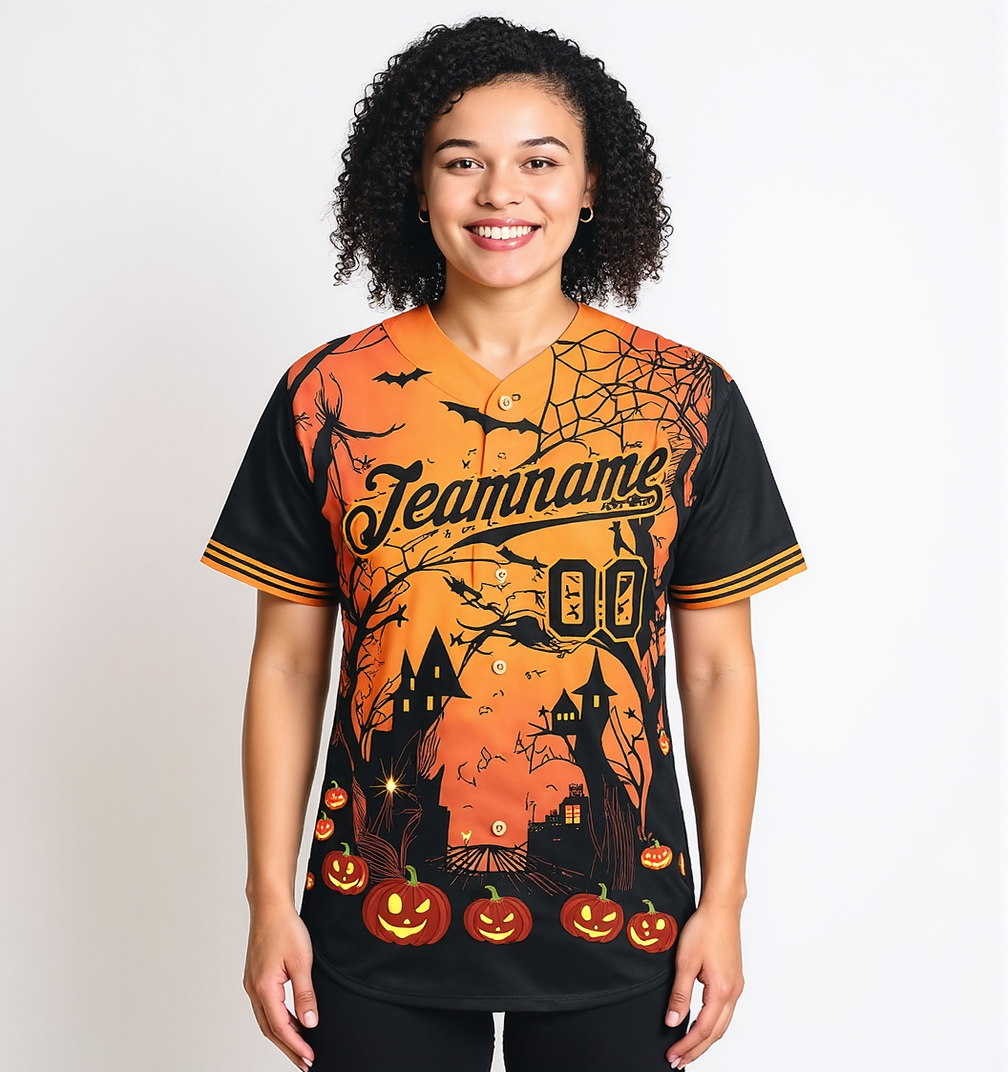 Custom Orange&Black 3D Pattern Halloween Pumpkins Bats Baseball Jersey