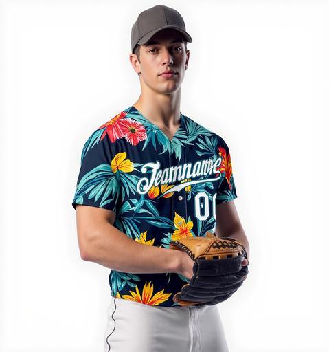 Custom Teal & White/Navy Hawaii Palm Leaves And Flowers 3D Pattern Baseball Jersey