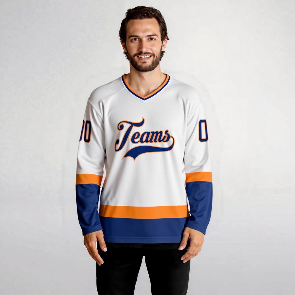Custom White & Navy/Orange Hockey Jersey