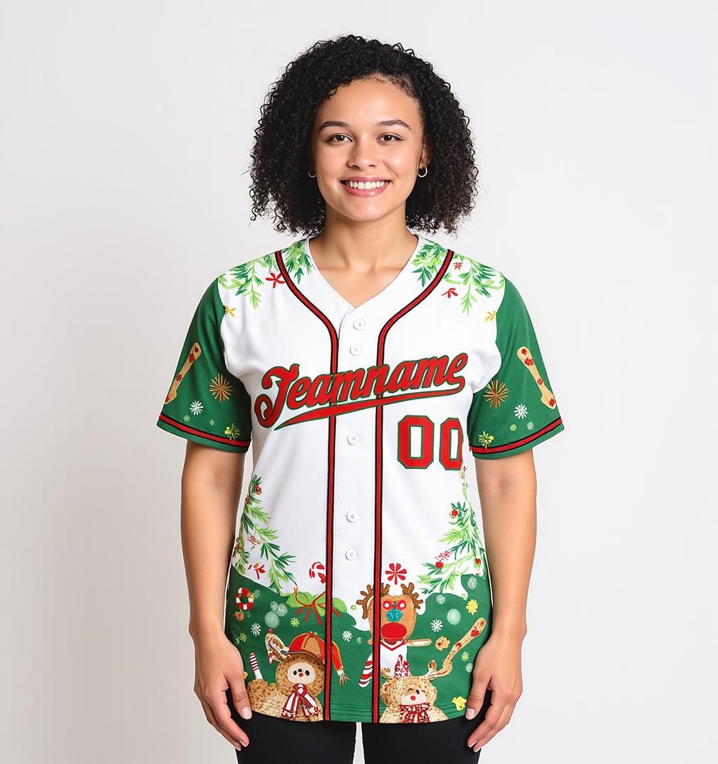 Custom White & Red/Green Christmas 3D Pattern Baseball Jersey