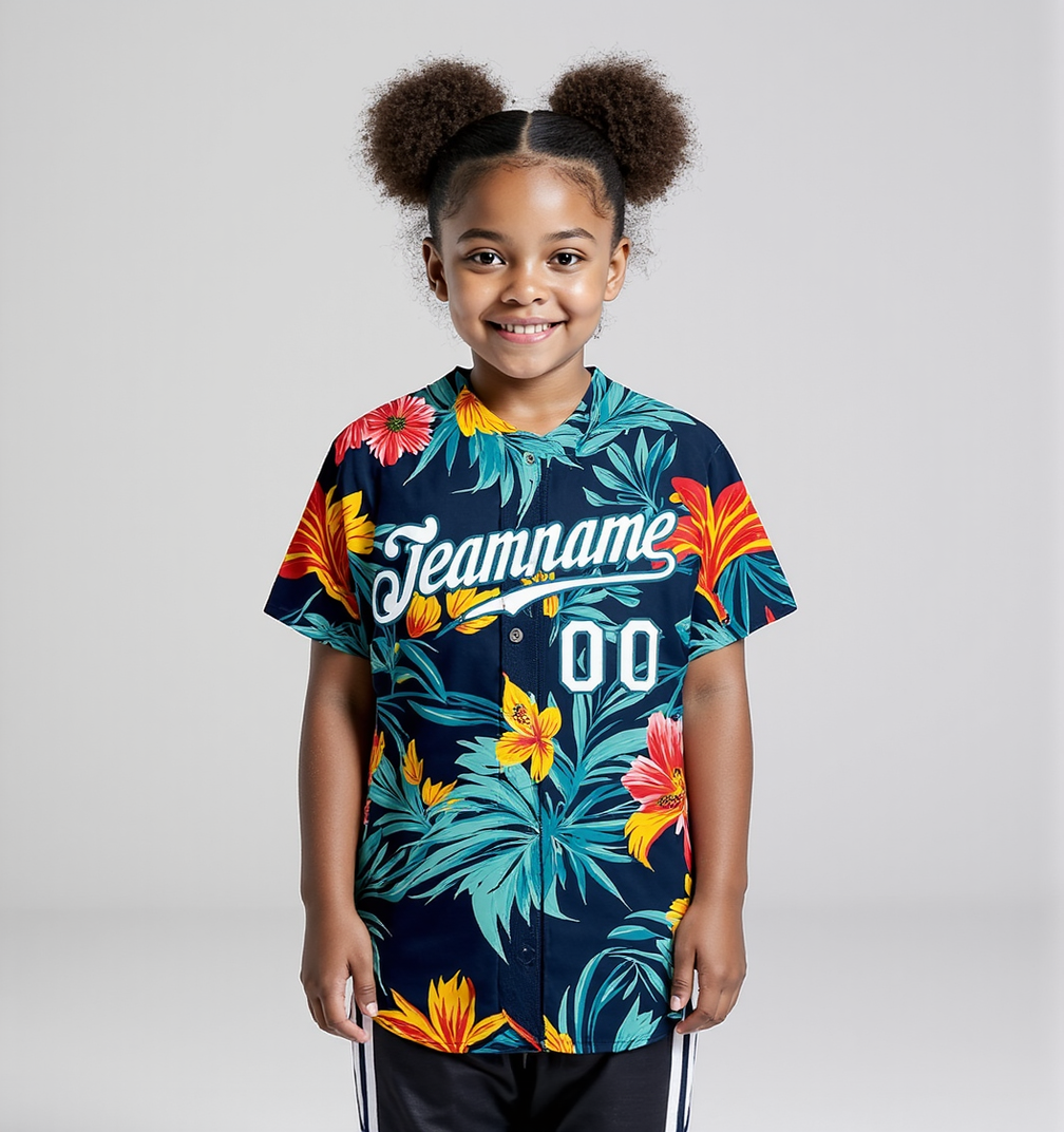 Custom Teal & White/Navy Hawaii Palm Leaves And Flowers 3D Pattern Baseball Jersey