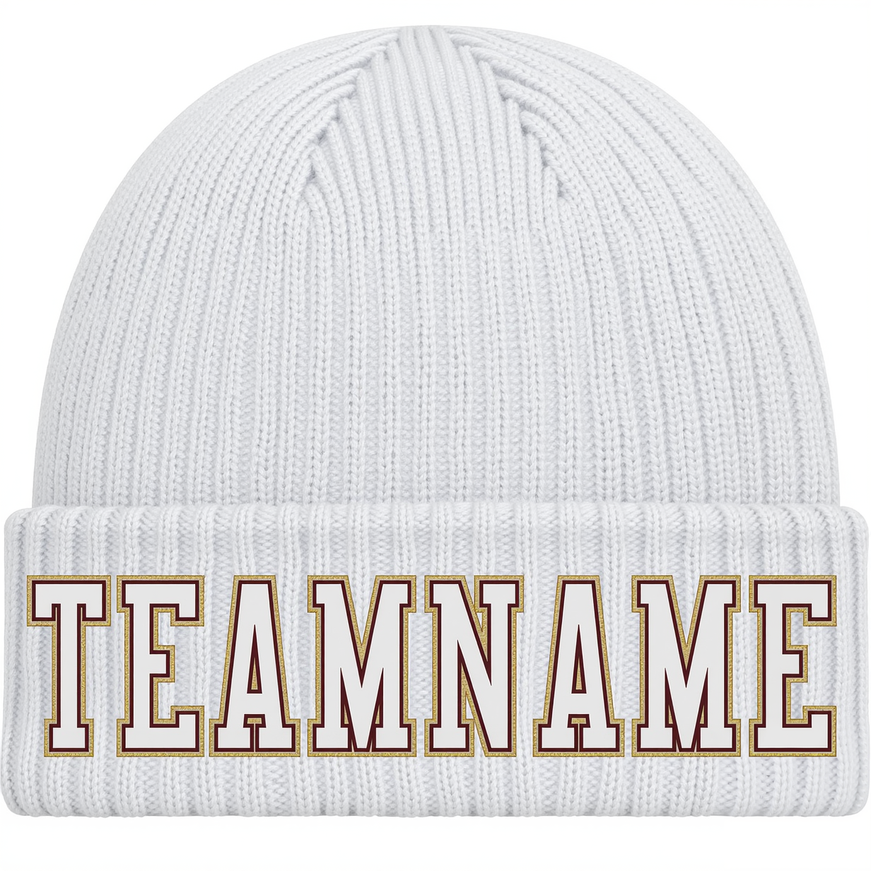 Custom White & Gold Stitched Cuffed Knit Hat
