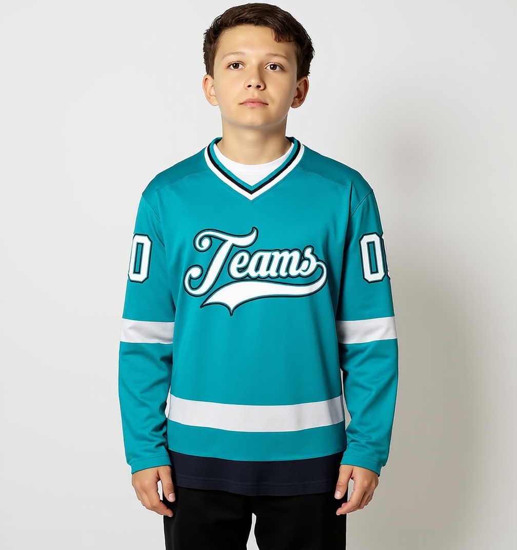 Custom Aqua & White/Black Hockey Jersey