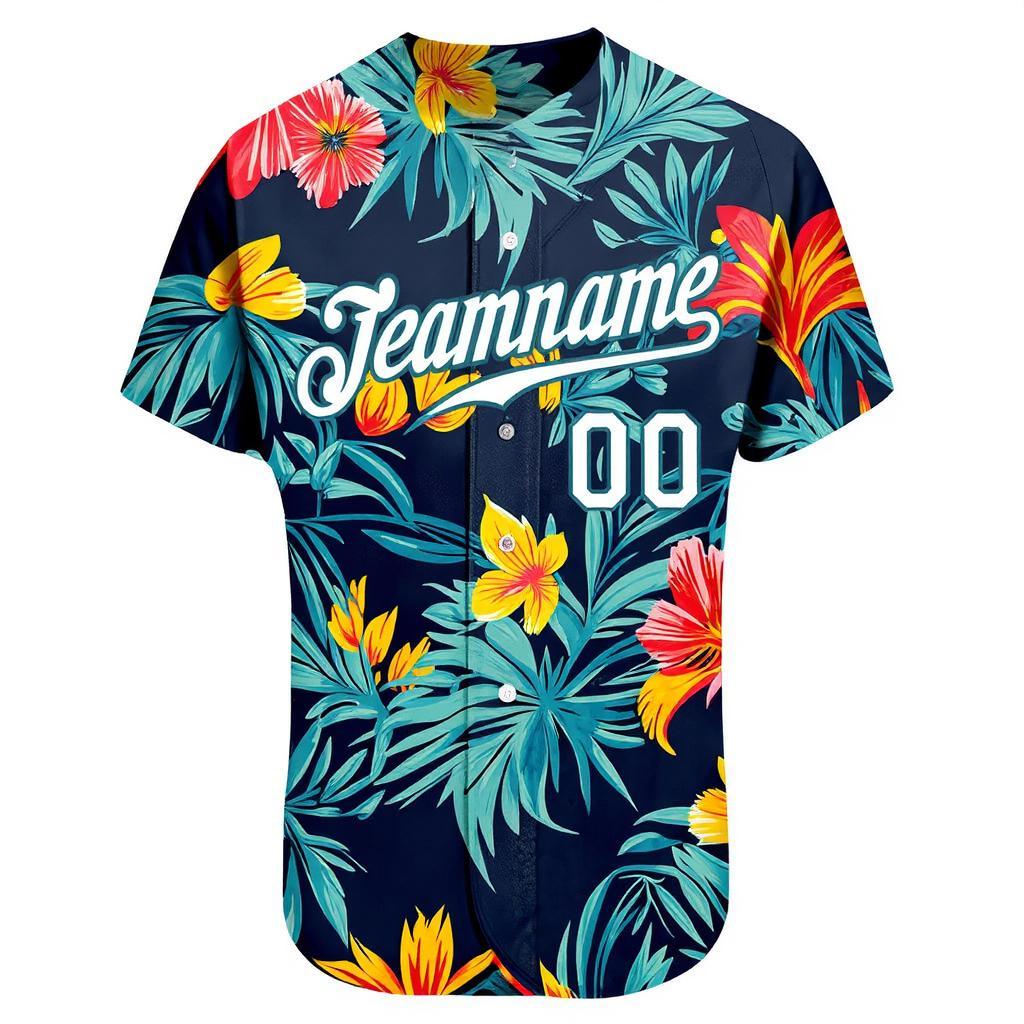 Custom Teal & White/Navy Hawaii Palm Leaves And Flowers 3D Pattern Baseball Jersey