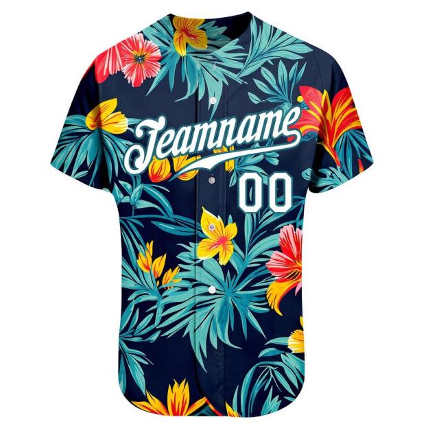 Custom Teal & White/Navy Hawaii Palm Leaves And Flowers 3D Pattern Baseball Jersey