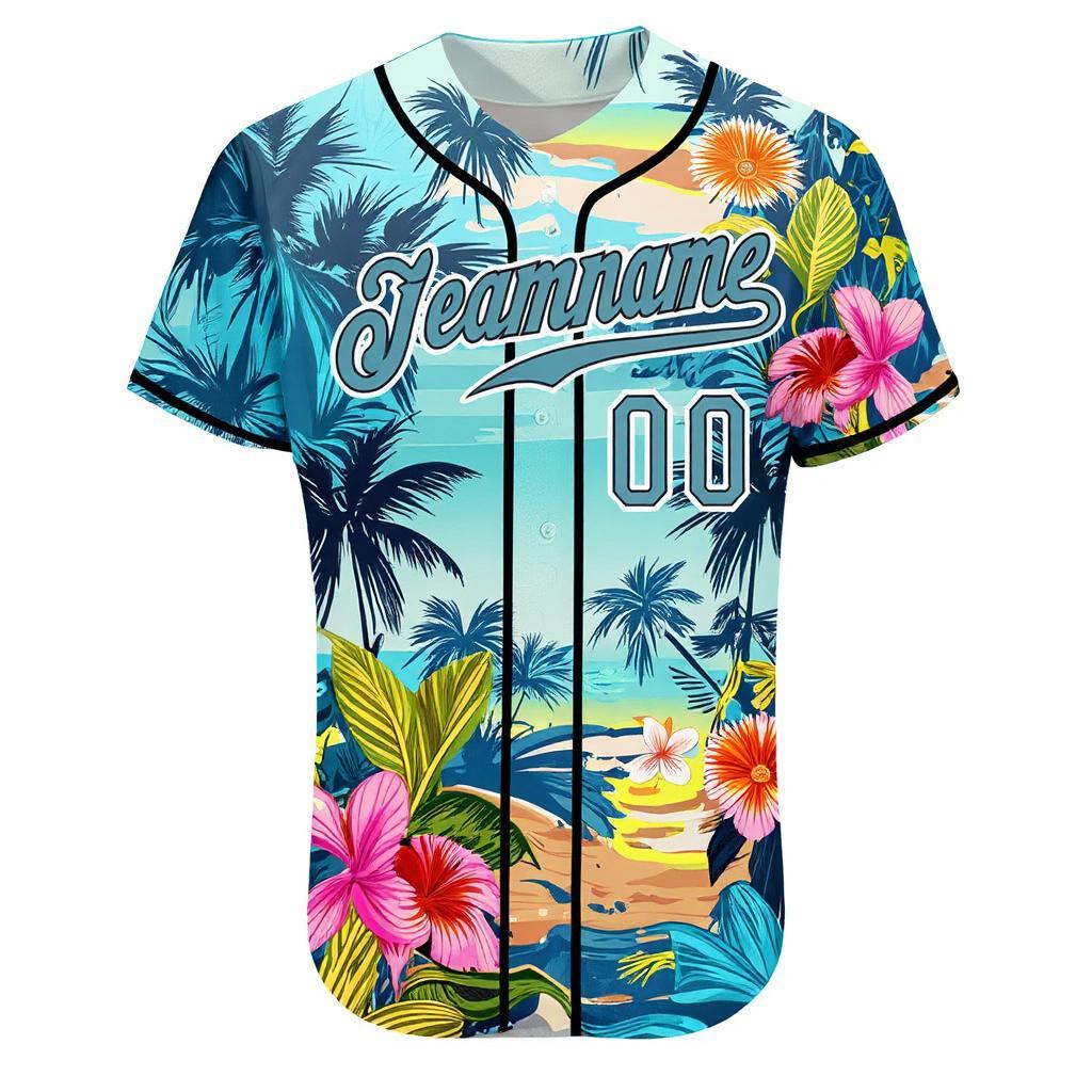 Custom Teal & White Hawaii Palm Leaves And Flowers 3D Pattern Baseball Jersey