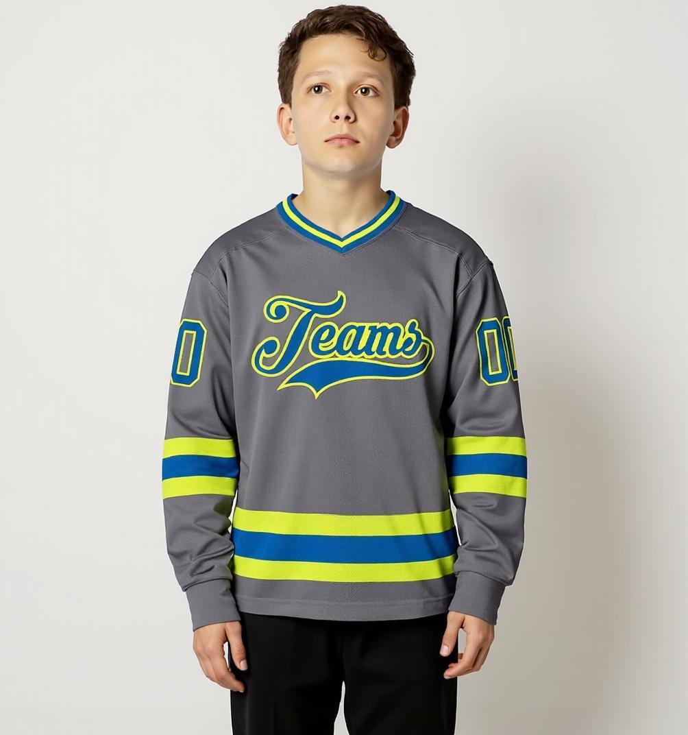 Custom Grey & Royal/Green Hockey Jersey