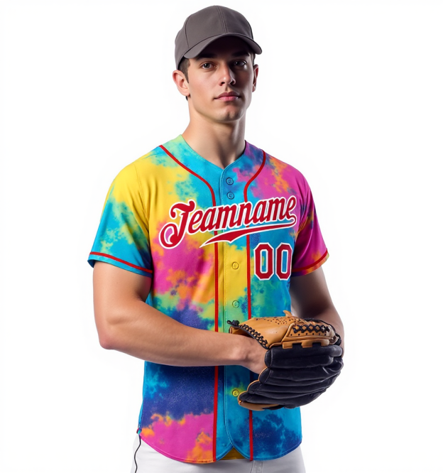 Custom Tie Dye Red & White Baseball Jersey