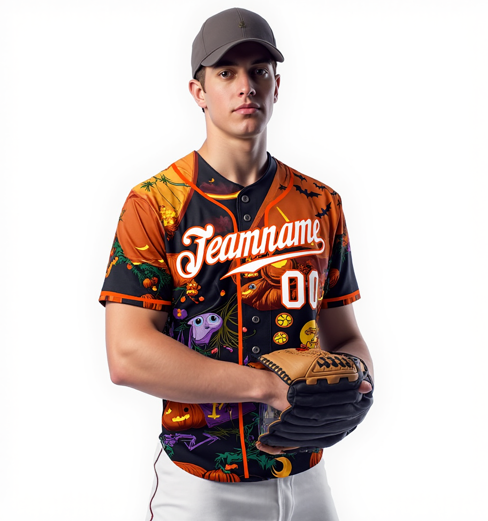 Custom Black & White/Orange 3D Pattern Halloween Pumpkins Bats Baseball Jersey