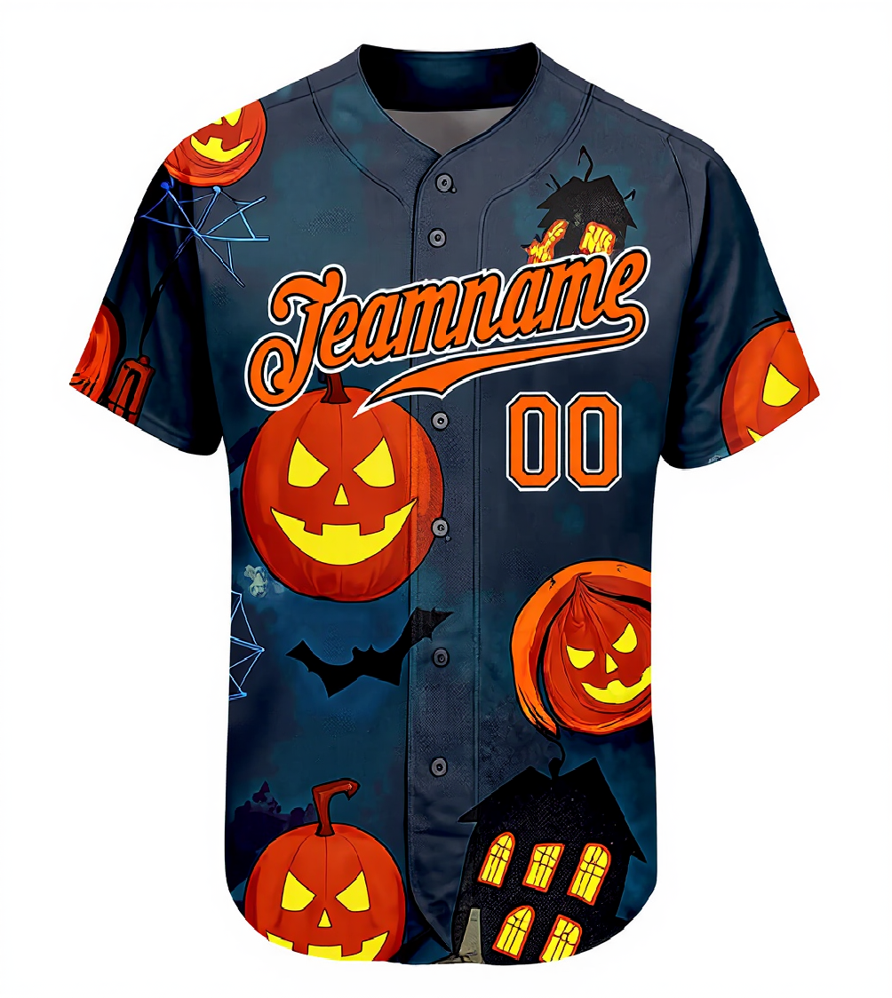 Custom Navy & Orange/Black 3D Pattern Halloween Pumpkins Bats Baseball Jersey