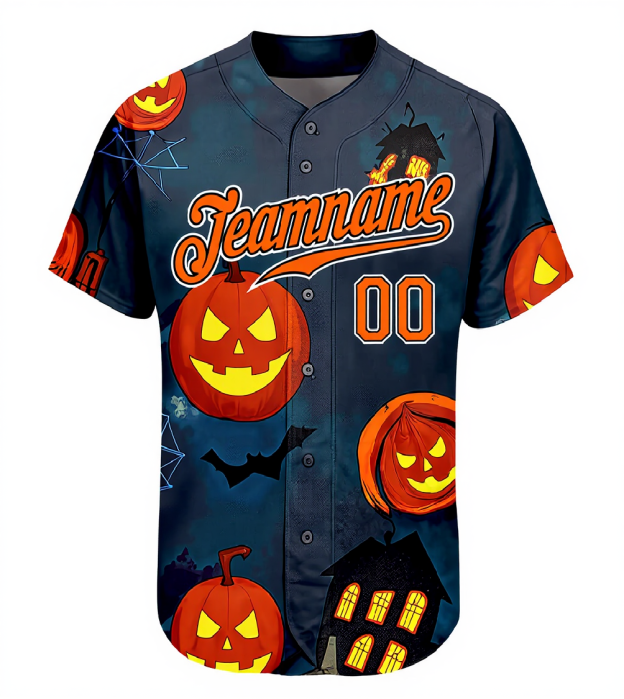 Custom Navy & Orange/Black 3D Pattern Halloween Pumpkins Bats Baseball Jersey