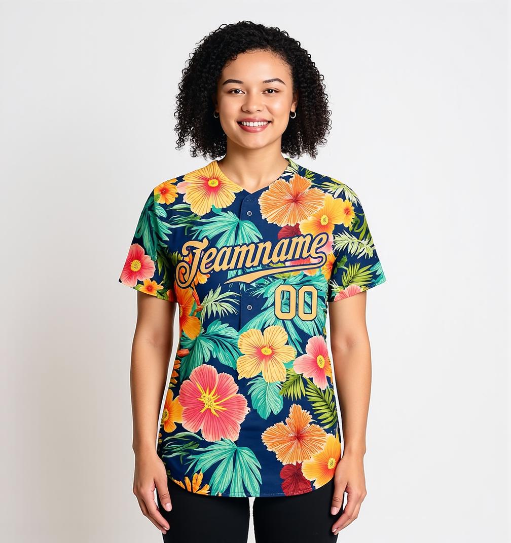 Custom Teal & White/Navy Hawaii Palm Leaves And Flowers 3D Pattern Baseball Jersey