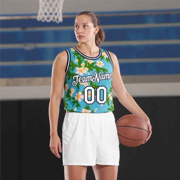 Custom 3D Pattern Aqua & White/Navy Hawaii Flowers Basketball City Edition Jersey