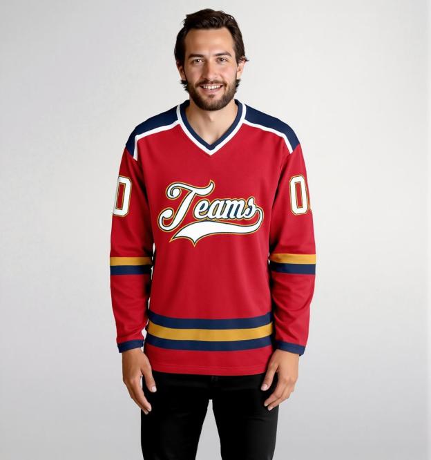 Custom Red & White/Navy Hockey Jersey